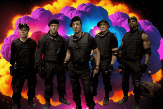 Sylvester Stallone standing next to Jason Statham and Terry Crews at The Expendables movie set.