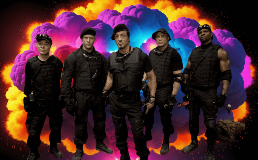 Sylvester Stallone standing next to Jason Statham and Terry Crews at The Expendables movie set.