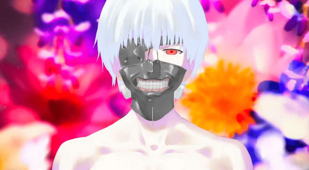 Kaneki Ken with white hair and mask against a colorful background