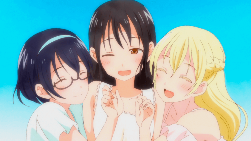 Kasumi and Olivia hugging Hanako in Asobi Asobase.