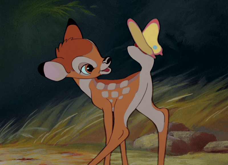 Bambi with a yellow butterfly on its tail.
