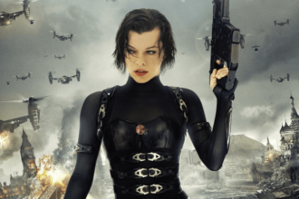 Milla Jovovich in a black leather outfit holding a gun with aircraft and a burning city behind her back.