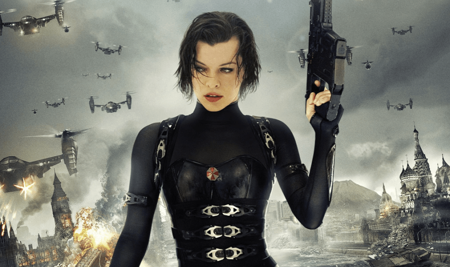 Milla Jovovich in a black leather outfit holding a gun with aircraft and a burning city behind her back.