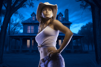 Jessica Biel as Erin from Texas Chainsaw Massacre standing in-front of a spooky house in the dark.
