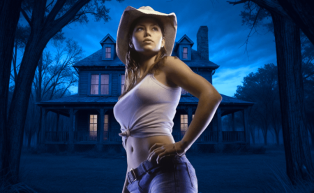 Jessica Biel as Erin from Texas Chainsaw Massacre standing in-front of a spooky house in the dark.