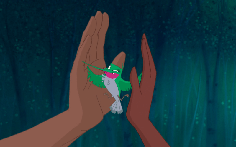 Flit between the hands of John Smith and Pocahontas.