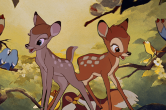 Faline and Bambi back to back looking at colorful birds.
