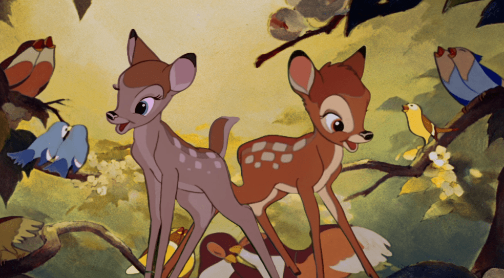 Faline and Bambi back to back looking at colorful birds.