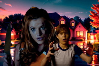 Sonya and Cole from The Babysitter looking crazy in front of a pink house at night.