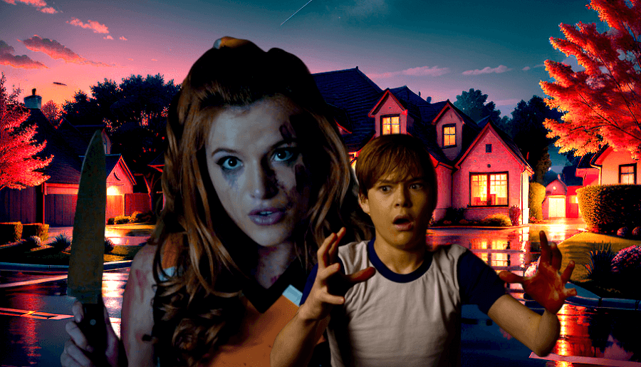 Sonya and Cole from The Babysitter looking crazy in front of a pink house at night.