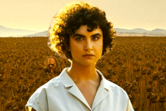 Melody from Texas Chainsaw Massacre next to Leatherface in a poppy field.