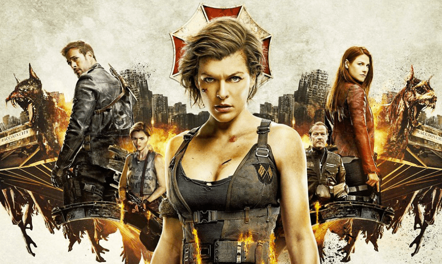 Milla Jovovich surrounded by actors from Resident Evil The Final Chapter.