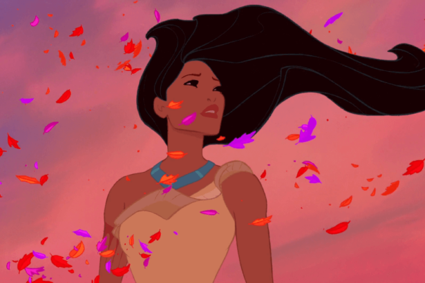 Pocahontas wearing a native american outfit being surrounded by purple and orange leaves.