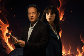 Tom Hanks and Felicity Jones back to back against scorching flames behind them.