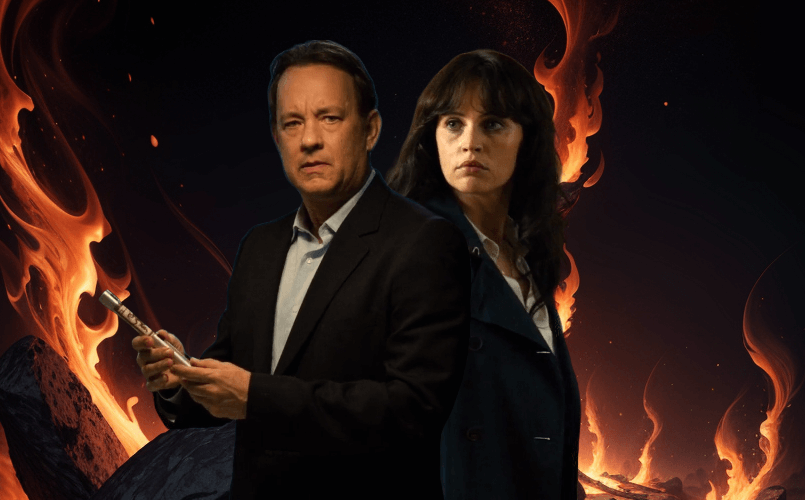 Tom Hanks and Felicity Jones back to back against scorching flames behind them.
