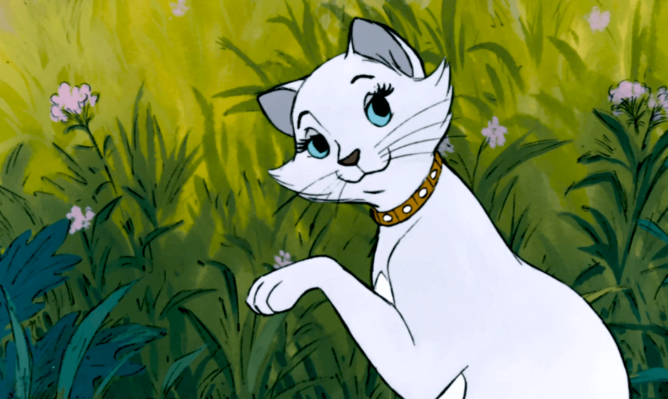 The Duchess lifting her paw up in a beautiful part of the forest in The Aristocats.