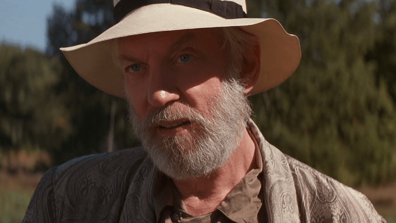 Donald Sutherland with a large beard and a summer hat.