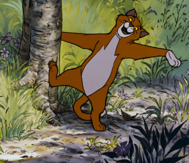 Thomas O'Malley holding on to a tree and dancing happily in the forest.