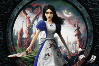 Alice Liddell holding a knife and wearing a gown in Wonderland.