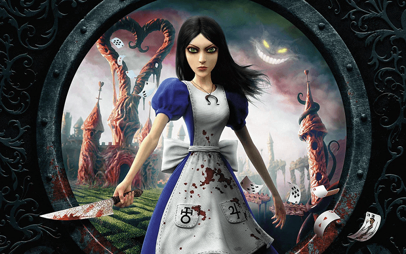 Alice Liddell holding a knife and wearing a gown in Wonderland.