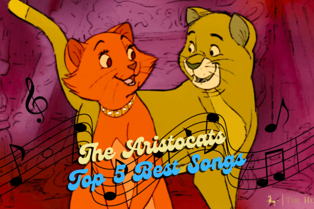 Duchess looking at Thomas O'Malley with the text of best Aristocats songs.