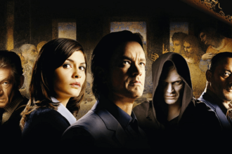The Da Vinci Code characters with a dark and eerie background.