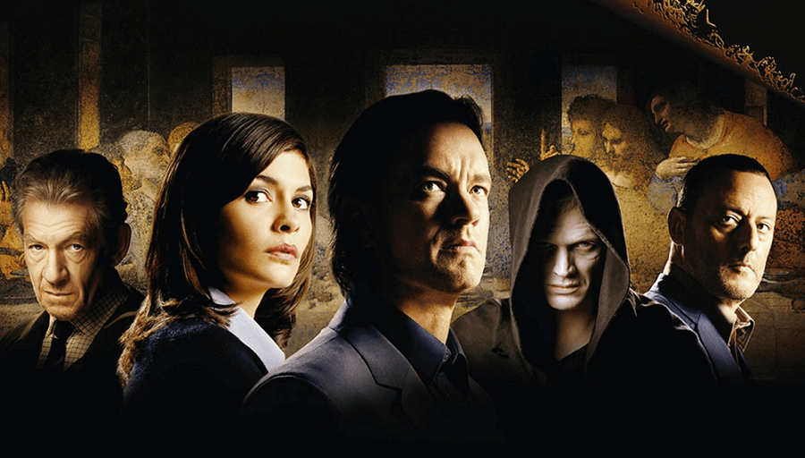 The Da Vinci Code characters with a dark and eerie background.