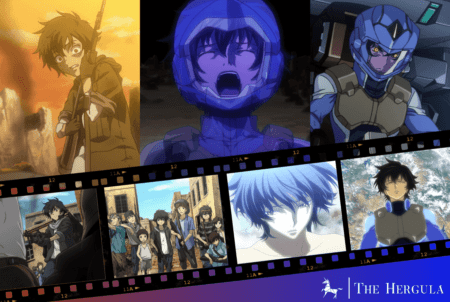 Image collage of Setsuna from Gundam 00 with a film strip showing his struggles as a child soldier.