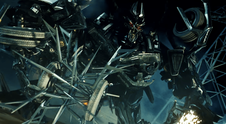 Barricade Decepticon holding a spiky wheel in the dark in Transformers movie.