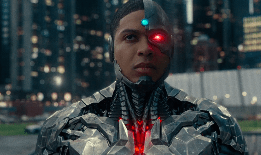 Cyborg with a metallic body and red eye in a big city.