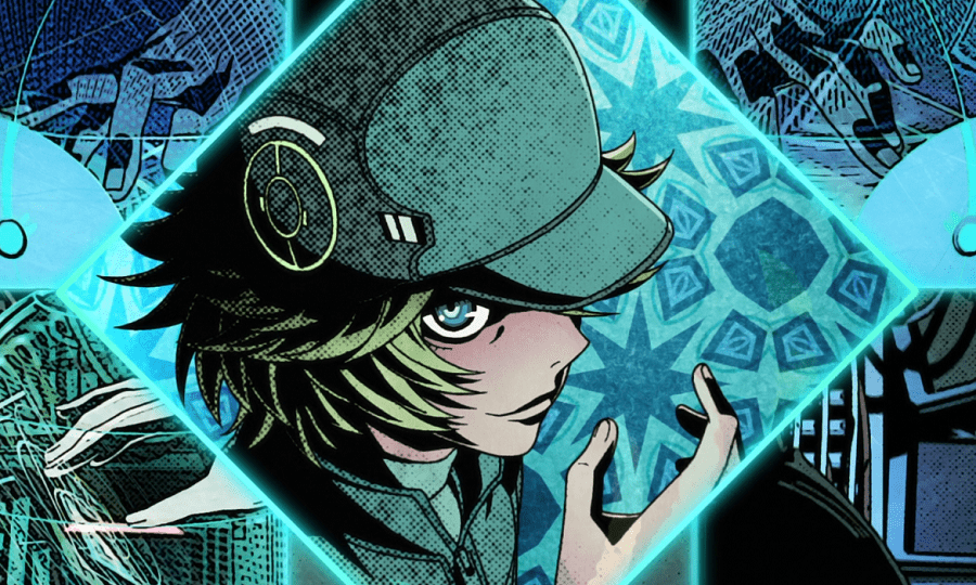 Hacker with a hat and a sneaky look with colorful collage background.