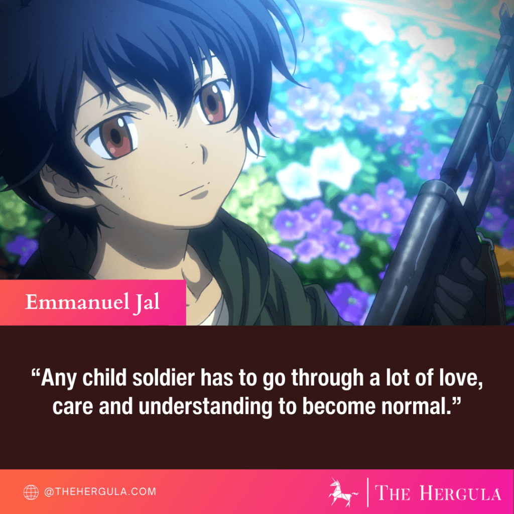 Setsuna holding a weapon with bright flowers in the background and an Emmanuel Jal quote.