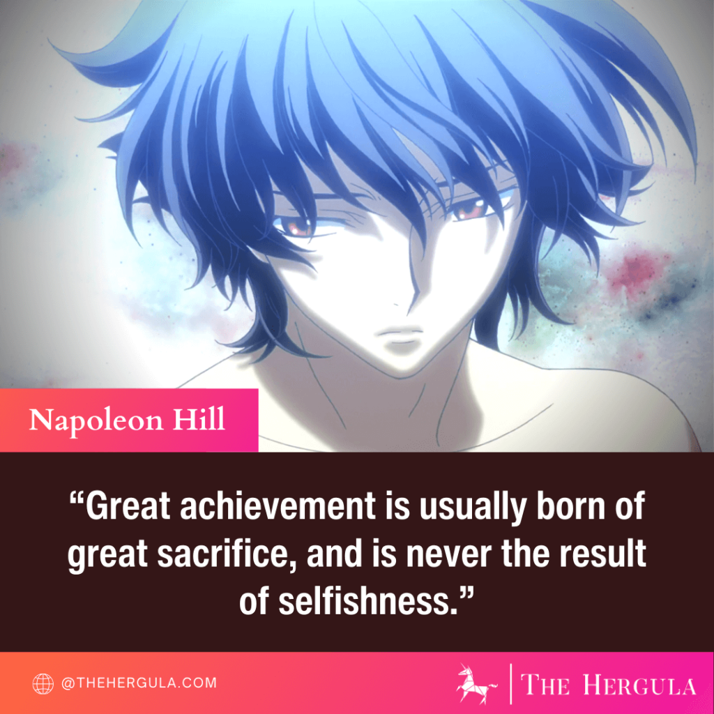 Setsuna F Seiei looking vulnerable and weak with a Napoleon Hill quote underneath with plenty of text.