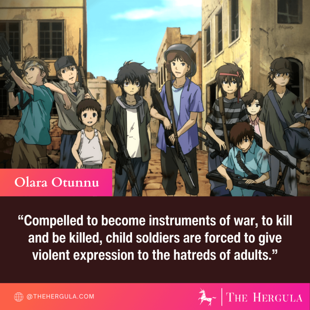 Young Setsuna F Seiei with other child soldiers including an Olara Otunnu quote about child soldiers.
