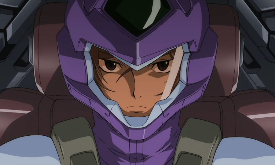 Tieria Erde wearing his purple helmet and pilot suit inside his Gundam Virtue.