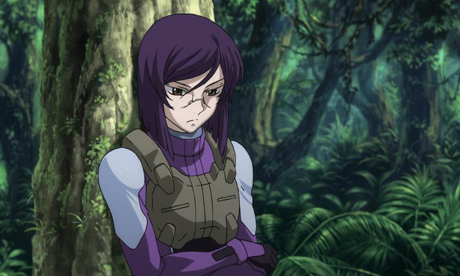 Tieria Erde wearing purple pilot suit while leaning his back to a tree in the jungle.