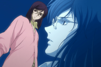 Tieria Erde from Gundam 00 in a pink shirt and two images of him against a purple background.