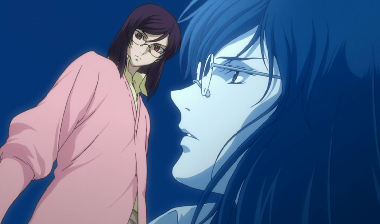 Tieria Erde from Gundam 00 in a pink shirt and two images of him against a purple background.