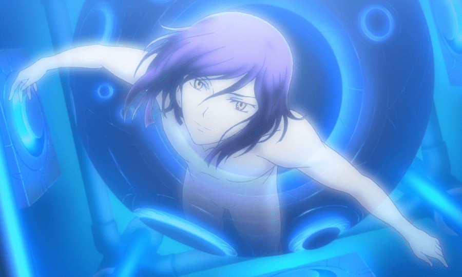 Tieria Erde ghost spirit floating around a blue container in space.