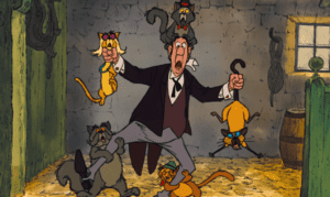 Old butler holding a bunch of cats and looking shocked in The Aristocats.