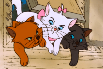 Toulouse, Marie and Berloiz stuck in a door looking angry at each other in The Aristocats.
