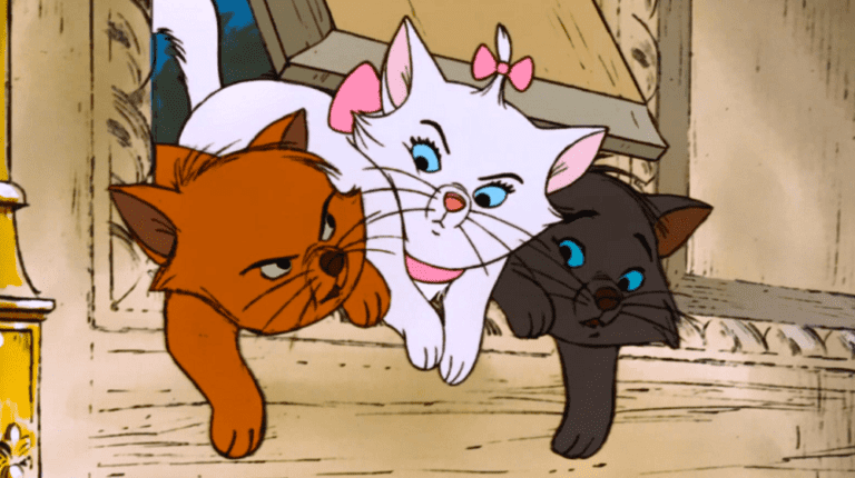 Toulouse, Marie and Berloiz stuck in a door looking angry at each other in The Aristocats.