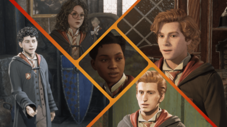 Photo collage of Gryffindor students in Hogwarts Legacy including Natty and Garreth Weasley.