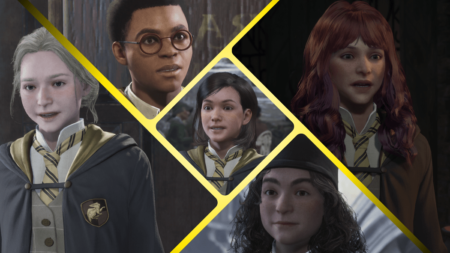 A colorful collage of Hufflepuff students in Hogwarts Legacy featuring Poppy Sweeting and Adelaide Oakes.