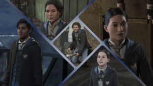 A colorful collage of Ravenclaw students in Hogwarts Legacy featuring Samantha Dale and Amit Thakkar.