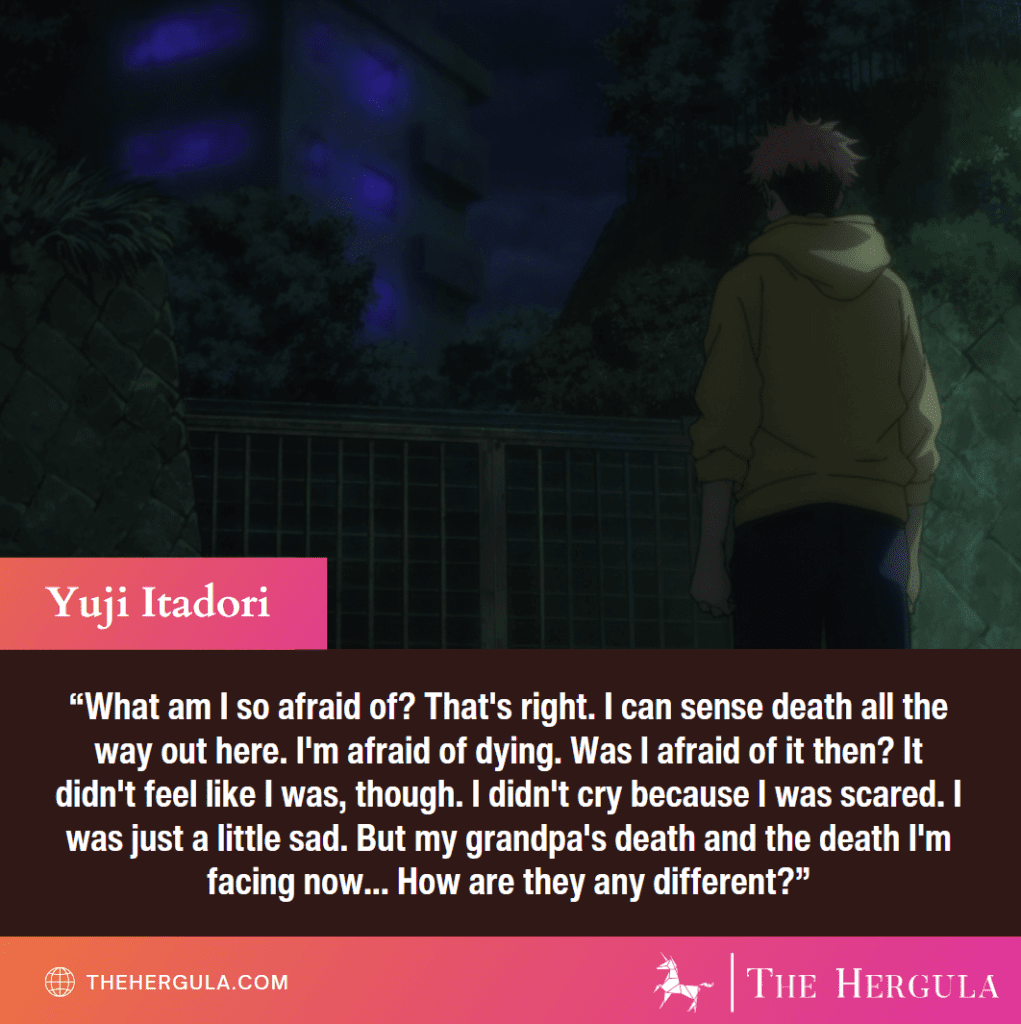 Yuji Itadori in Jujutsu Kaisen standing in front of his school in the dark as he thinks about fear of dying quote.