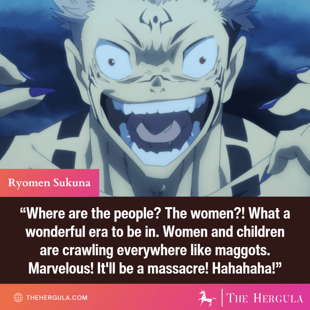 Ryomen Sukuna with a crazy look and a quote about women and children in Jujutsu Kaisen.