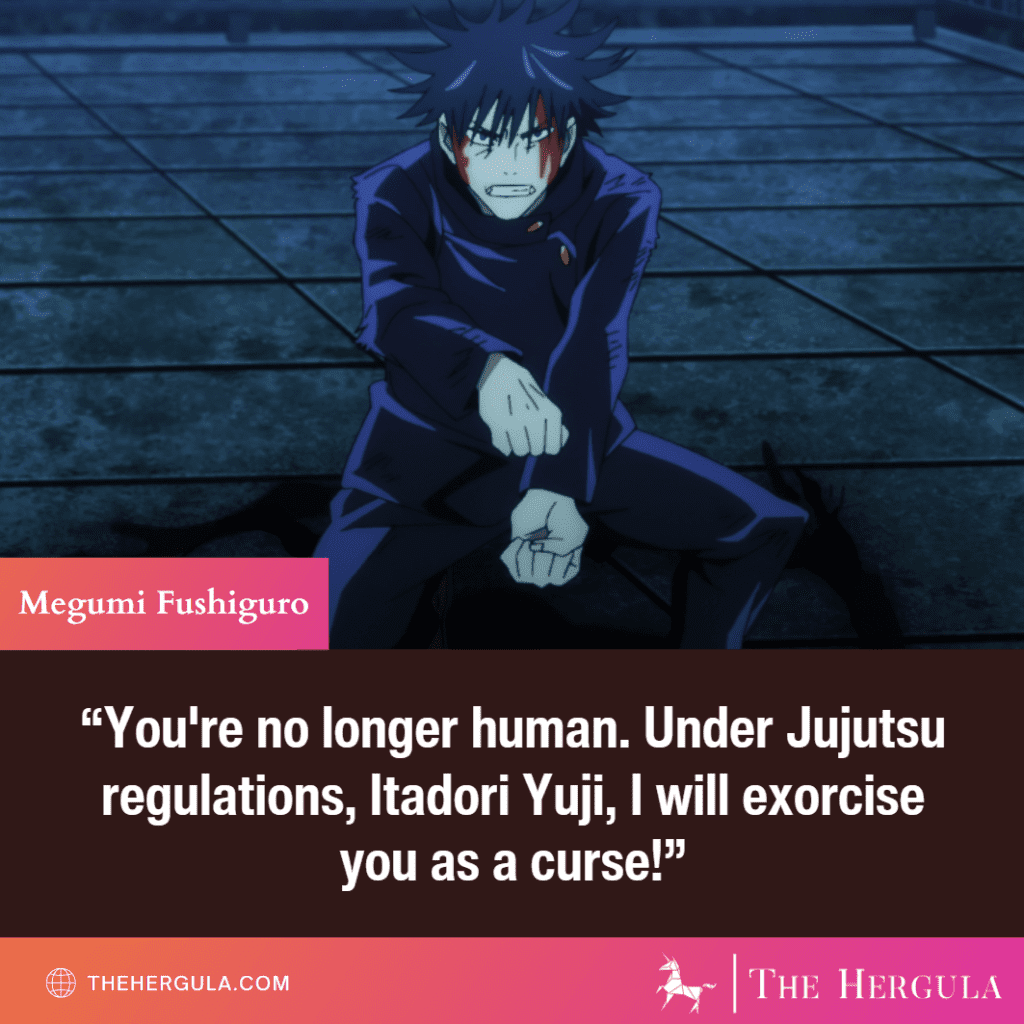Megumi Fushiguro with his hands out and bloody ready to fight Yuji with a quote about a curse in Jujutsu Kaisen.