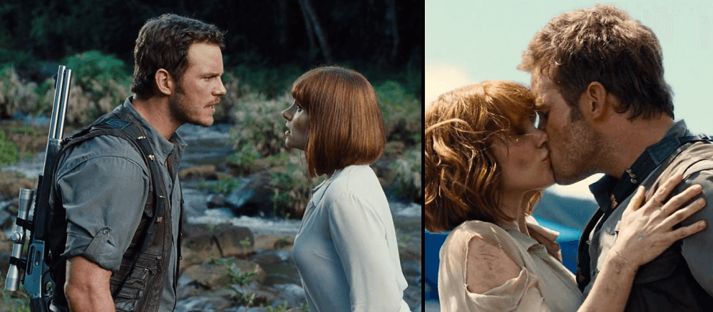Claire and Owen arguing on one image and kissing each other in the other image.