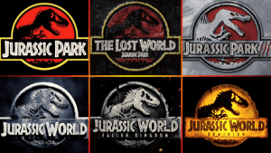 Every Jurassic Park and Jurassic World logo on a collage picture.